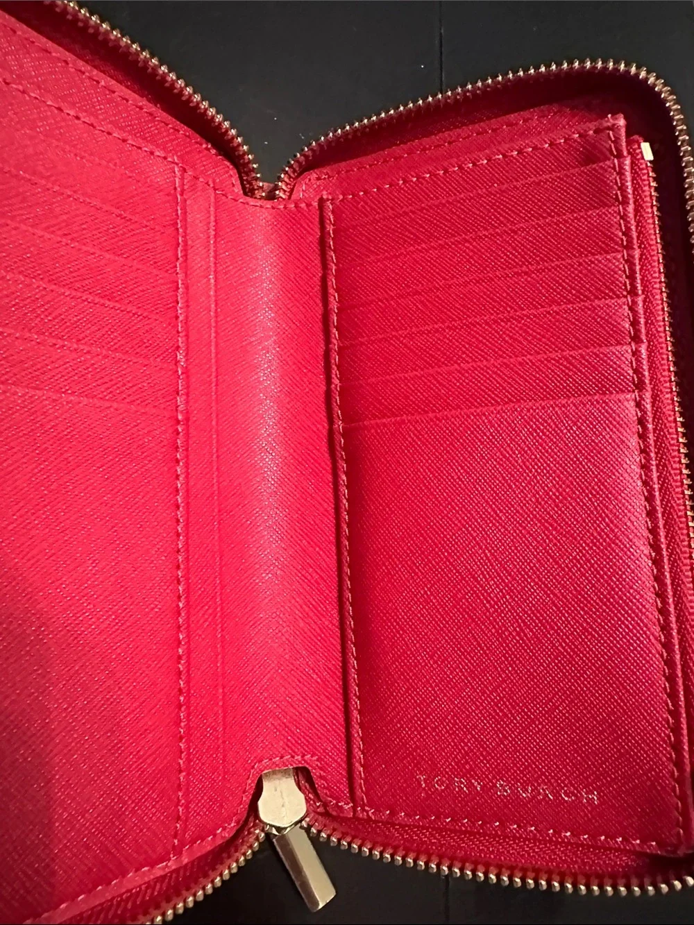 Tory Burch Red Zip Wallet with Gold Logo